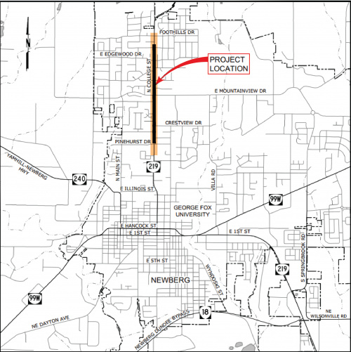 n college st HWY219 ODOT Sidewalk and Bike Lane Project location